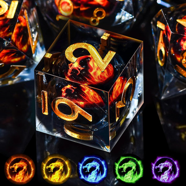 AUSTOR 7 Die DND Dice Set: 7 Pieces Red Flame Dragon Resin Dice with Case
