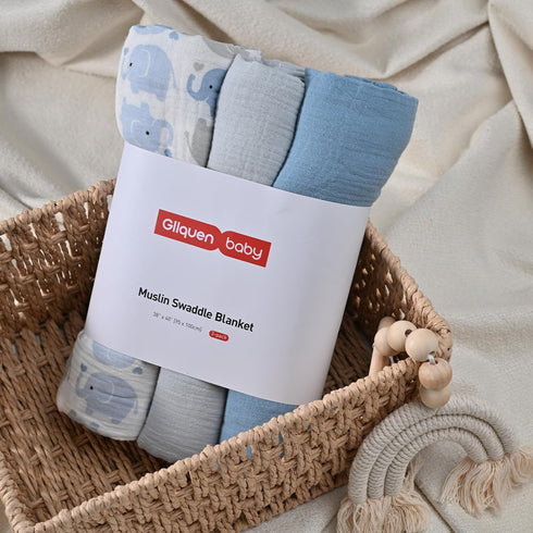 GLLQUEN BABY 3-Pack Muslin Swaddle Blankets for Boys and Girls, Unisex Newborn Receiving Baby Essentials, Gift Registry
