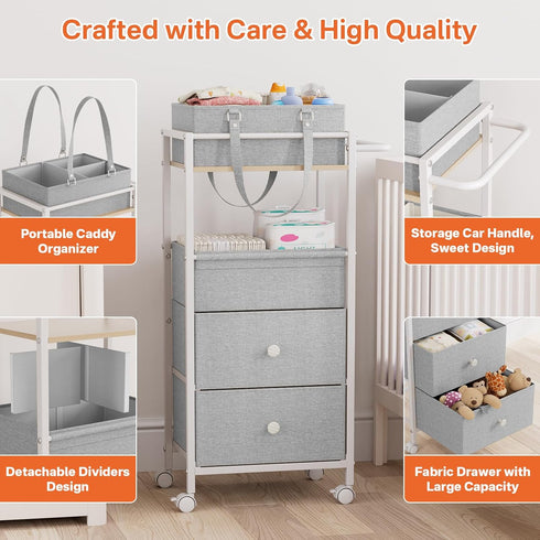 3In1 Modanais Baby Diaper Caddy Organizer Cart with Drawers - Rolling Storage Cart with Wheels, Removable Diaper Caddy