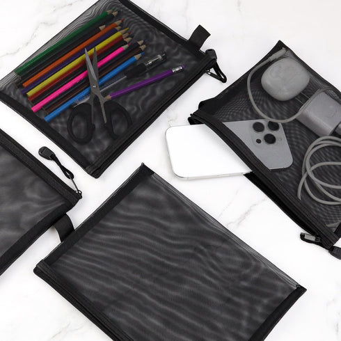yuntop 6 (A5) PCS Mesh Pouch, Black Nylon Mesh Cosmetic Zipper Bags for Home Office Purse Diaper Bag
