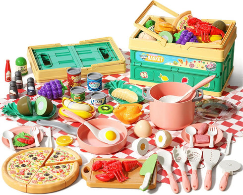 Funpynani 80pcs Pretend Play Kitchen Set for Toddlers, Kids Cookware Playset with Pots/Pans/Food/Fruits/Vegetables/Picnic