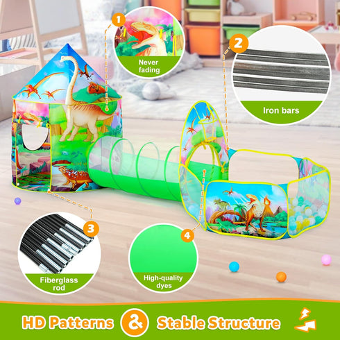 3pc Dinosaur Play Tent for Boys - Ball Pit, Crawl Tunnel, Play Tents for Toddlers, Indoor & Outdoor Play House Toys