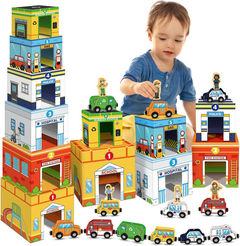 Aizweb Toddler Sorting&Stacking Toys with Magnetic Wooden Vehicle,Cars&Community Helpers,STEM Building Blocks,Educational Learning
