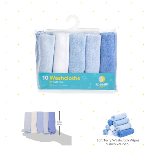 Spasilk Washcloth Wipes Set, Soft Terry Washcloth Set for Newborns, Pack of 10, Blue