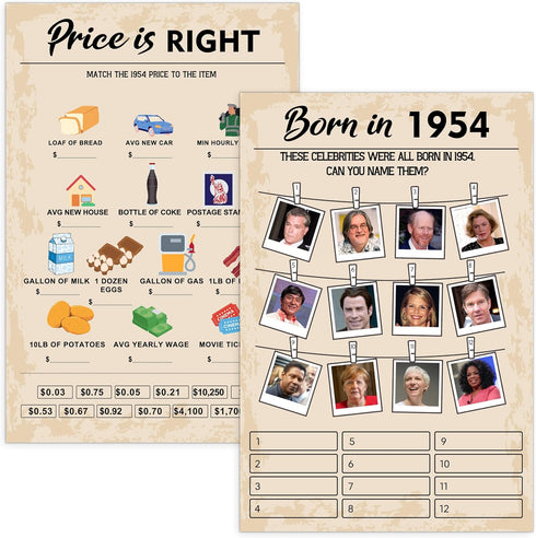 70th Birthday Party Games - Set of 2 Activities for 15 Guests, Born in 1954 Games Bundle, 30 Cards