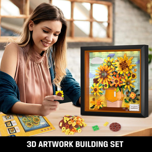 Set 807PCS Set HOGOKIDS Flowers Sunflower Building with Lights - Painting Frame Artwork Botanical Collection Mini