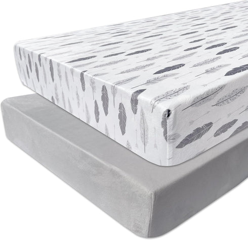 AMROSE 2 Pack 28'' 52'' Microfleece Crib Sheets, X Flannel Fleece Crib Fitted Sheets for Crib and Toddler Mattress Pad