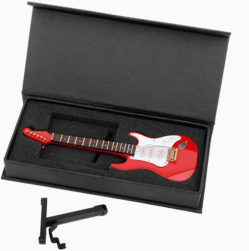 Dselvgvu Wooden Miniature Electric Guitar with Stand, Dollhouse Model Birthday Present (Red)
