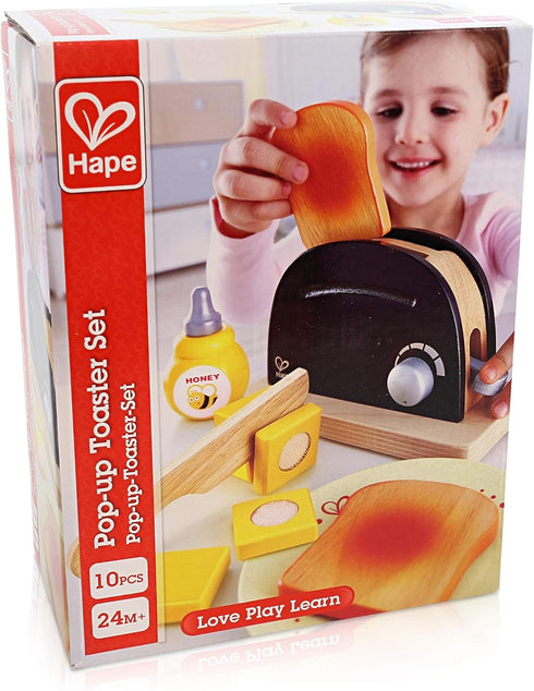 Set| Playset 3 Hape Wooden Black Pop up Toaster Pretend Play Kitchen with Toast, Butter and Honey for Preschoolers Ages