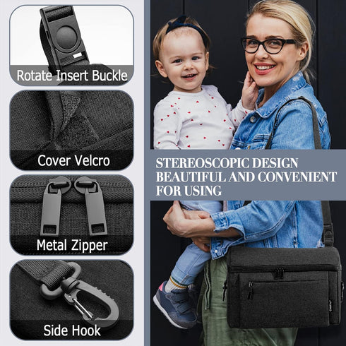 Universal Baby Stroller Organizer Large Space with Insulated Cup Holder Detachable Diaper Bag Adjustable Shoulder Strap