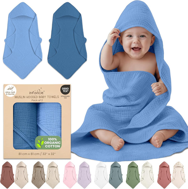 100% Organic Cotton Muslin Baby Hooded Towels 32x32 Inch 2 Pack Soft