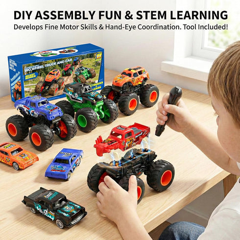 TOPMVP 8 Pack Set, 4 3 4 5 6 7 8 Monster Trucks & Die-cast Metal Cars Toy Powered Push and Go Battle Vehicles, DIY