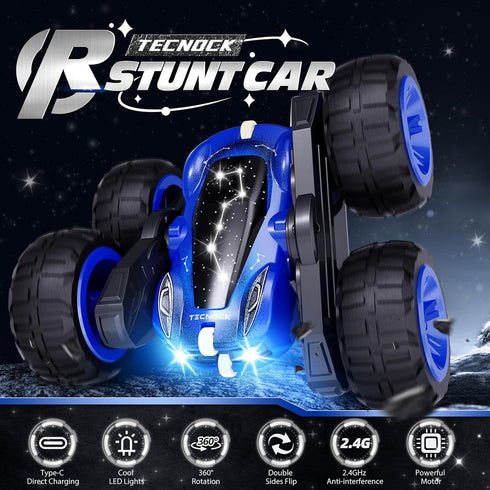 2.4GHz 4WD 360 6-8, 8-12 Tecnock Remote Control Car, RC Cars with USB-C Easy Charging, Double Sided Rotates and Flips