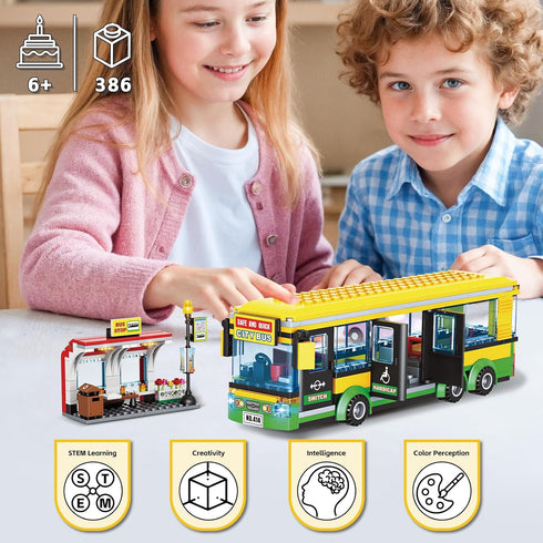 WEMEWEME Set 6+, 386PCS City Bus Building Blocks for Kids Pushable Bus Toy with Station Platform, Realistic Doors