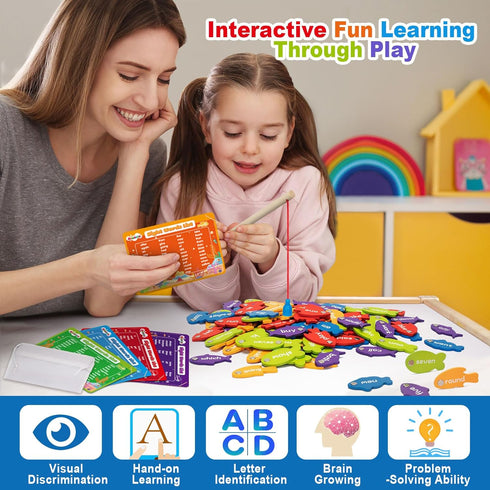 Wooden Magnetic Sight Word Fishing Game - Alphabet Puzzle for Toddlers Age 3-6 - Educational Homeschool Toy