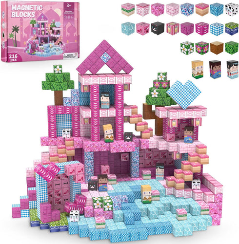 ADAH 216PCS Magnetic Building Blocks for Girls, Pink Princess STEM Toys for Ages