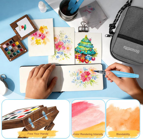 Drmukie Set 15-Color Set Mini Watercolor Paint All-in-One Walnut Wood Travel Watercolor Kit with Crossbody Bag Paint