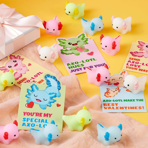 28 Packs JOYIN Valentines Day Gifts for Kids, Axolotl Mochi Squishy Toy with Funny Valentines Day Cards for Kids School