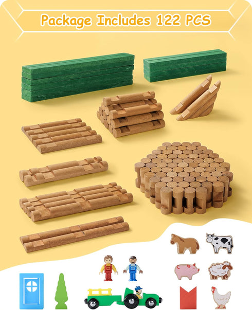 Set 122 3+ SainSmart Jr. Wooden Log Cabin Farm Building House Toy for Toddlers, PCS Classic STEM Construction Kit