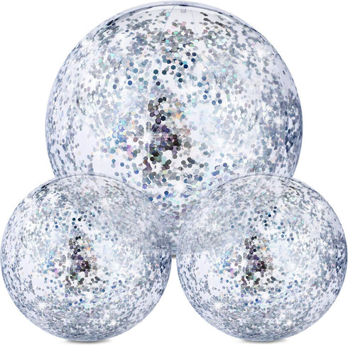 Hsei 3 Pcs Inflatable Beach Ball, 16 Inch Glitter Summer Swimming Pool Balls for Beach Wedding Outdoor Party Favor
