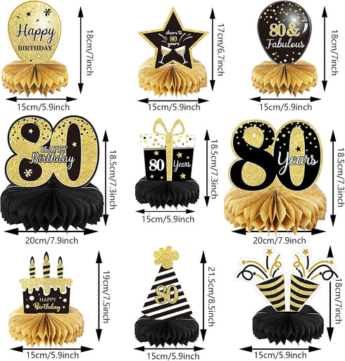 9 Pieces 80th Birthday Decoration Centerpieces, Cheers to 80 Years Honeycomb Table Topper for Party Decor