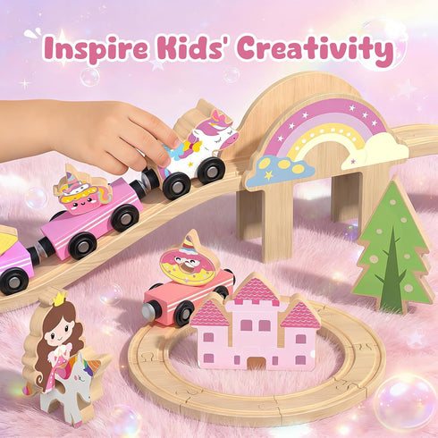 Set 2-4 38 3-5 Unicorn Wooden Train for Toddler Girls Ages Magical Fairy Pcs Toddler Girl Toys with Railway Track