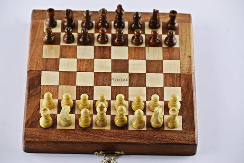 Wooden Magnetic Chess Board Set, 7" Folding Game for Adults & Kids, Portable Travel Chess