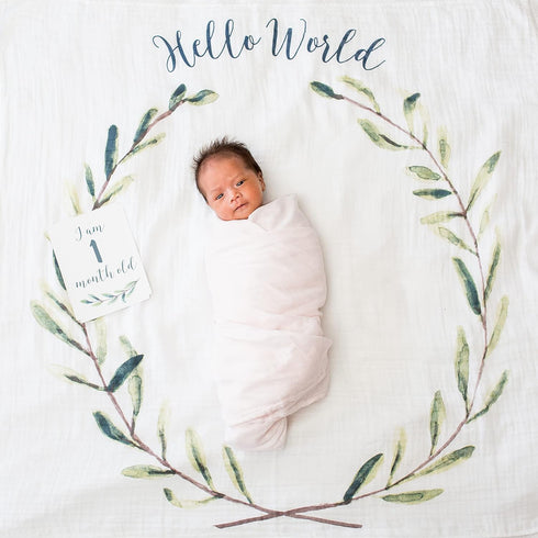 lulujo Baby’s First Year Milestone Blanket and Card Set | 40in x 40in (Hello World)