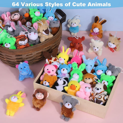 64 Pieces Mini Plush Animals Toys Set - Cute Small Stuffed Animal Keychain Jungle Animal Decor for Parties