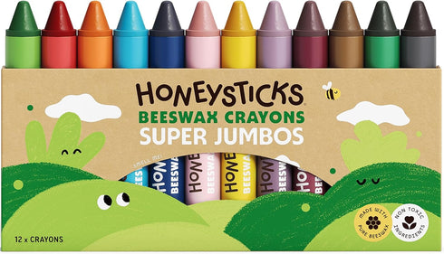 Honeysticks Super Jumbo Crayons (12 Pack) - 100% Pure Beeswax, Non Toxic
