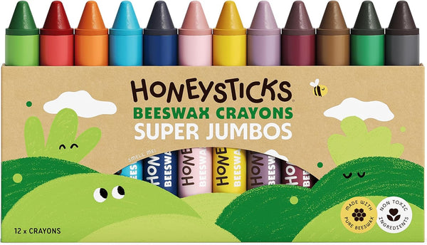 Honeysticks Super Jumbo Crayons (12 Pack) - 100% Pure Beeswax, Non Toxic