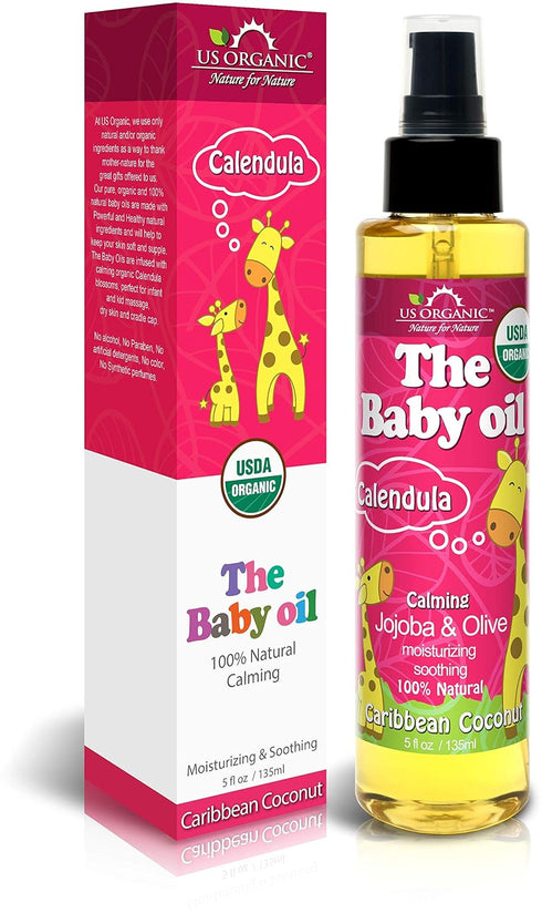 US Organic Baby Oil with Calendula, Smooth Caribbean Coconut, 135ml, Certified Organic by USDA