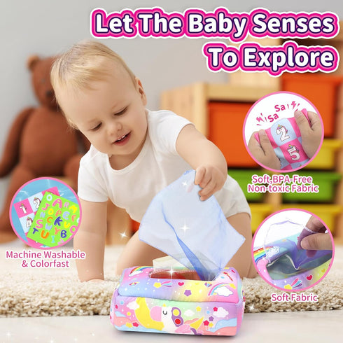 6 12 6 9 12 18 usrela Baby Toys to Months - Tissue Box Toy, Tissue Learning Toys with Alphabet Number Color Sound, Baby
