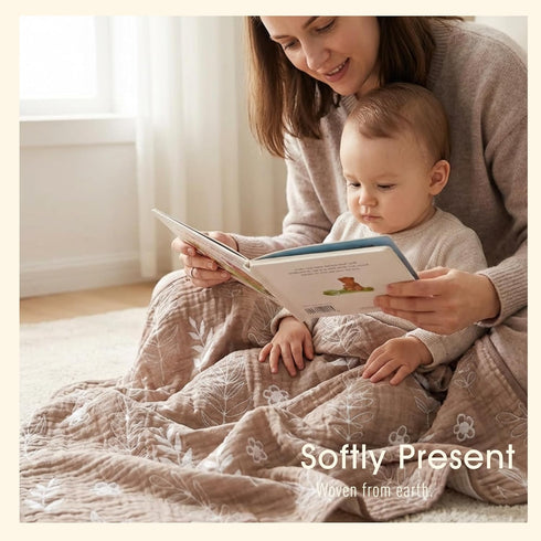 6-Layer 43" 43",Leaf Muslin Baby Blanket Made with Organic Cotton - Nature Inspired Pattern,Swaddle & Crib Quilt, x