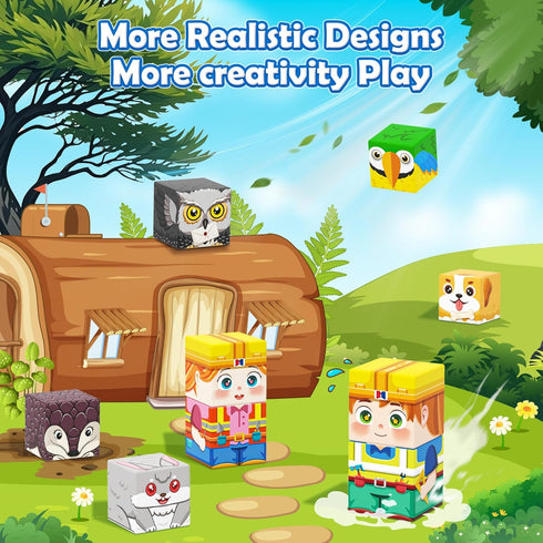 Set, (100 Matchtiles Magnetic Blocks with Animals, Magnetic Building Blocks Magnet Cube Toys Stacking, Build Forest