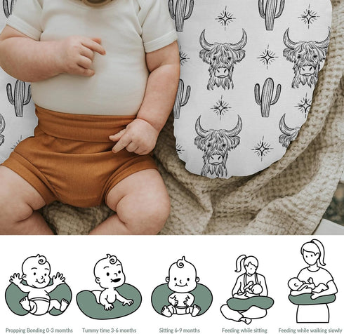 Boho Western Cow Cactus Nursing Pillow Covers for Boy Girl Black and White Highland Yak Nursing Pillow Slipcovers