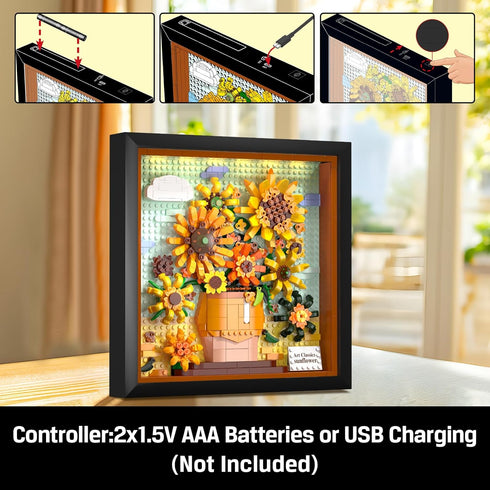 Set 807PCS Set HOGOKIDS Flowers Sunflower Building with Lights - Painting Frame Artwork Botanical Collection Mini