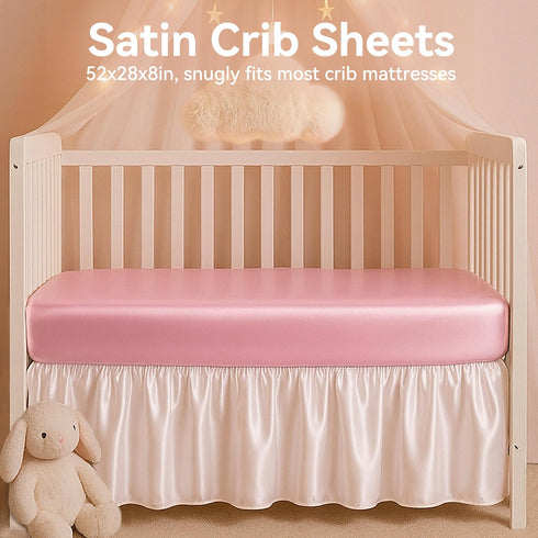 2 Pack 52x28x8 Satin Crib Sheets Girl, Silky Baby Sheet Great for Sensitive Hair, Fitted Toddler Bed Cover (Pink