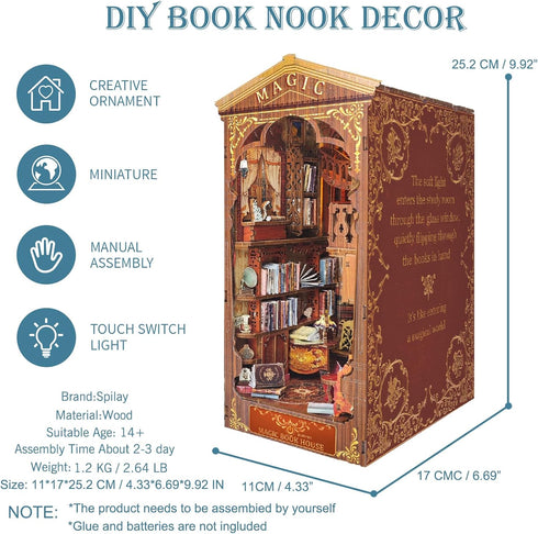 DIY Book Nook Kit by Spilay, Dollhouse Bookshelf Insert Decor Alley, Handmade Crafts Gifts with LED