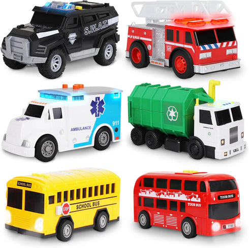 Toy Cars for Toddlers | 6 Pcs Pull Back Cars with Light and Sounds | City and Emergency Vehicles Set