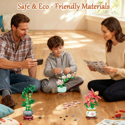 USVillGO 3 Set, Poinsettia-Pink (1576PCS) Botanicals Bonsai Flowers Building Blocks Lucky Bamboo-Red Orchid Artificial