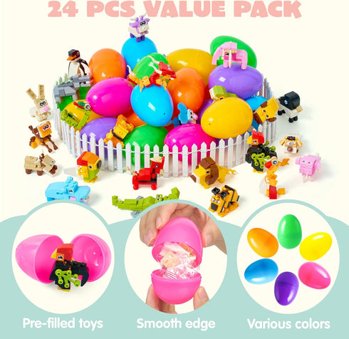 24 Packs 3.23" JOYIN Prefilled Easter Eggs with Toys, Cute Animals Building Blocks for Basket Stuffers, Kids Party