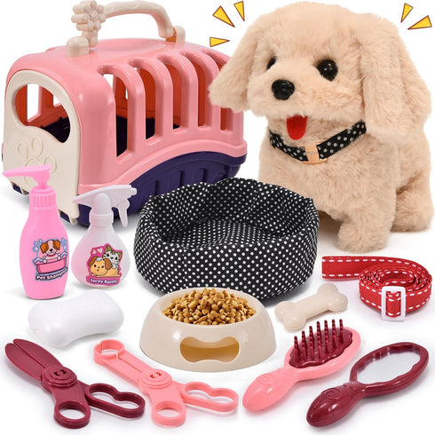 G.C 13Pcs Interactive Stuffed Dog Toys for Kids Girls - Walking Barking Plush with Carrier & Accessories Playset