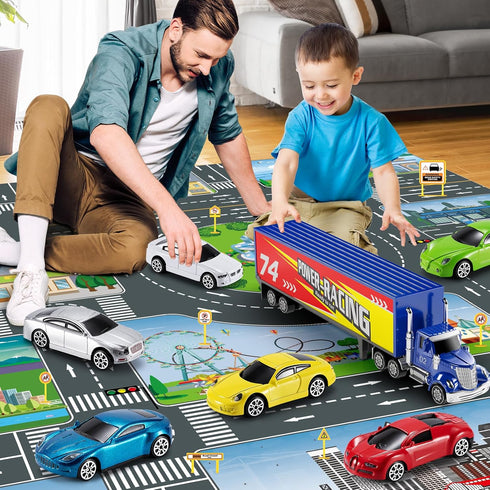 NIPLOOOW 3-6 Die Cast Metal Racing Car Toy With Play Mat for Year Old Boys and Girls - Christmas Birthday Gift