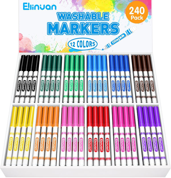 Ellinjan 240 Count Washable Markers Bulk, 12 Assorted Colors, Fine Line Colored