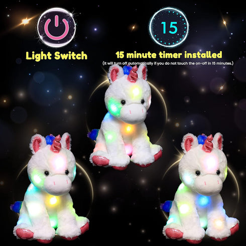 13'' Hopearl LED Plush Unicorn Lighting Up Stuffed Animal Floppy Night Lights Glow in The Dark Birthday Festival