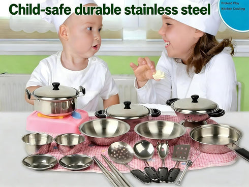 MAGIKON 17-Piece Set Miniature Toy Stainless Steel Pots and Pans , Pretend Play Kitchen Cooking Utensils Toy
