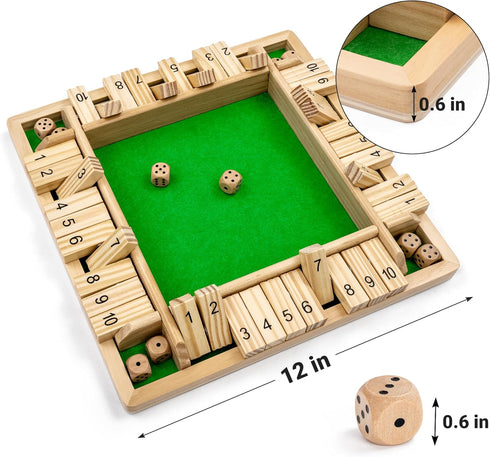 (2-4 4 8 12 Inch Ropoda Wooden Shut The Box Game Players) - Large Sided Board, Dice, Rules - Amusing Addition Game
