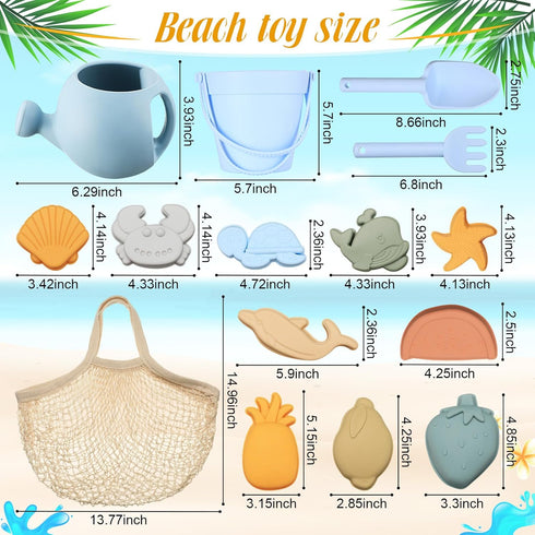 Civaner 15 Pcs Silicone Beach Toys for Baby Girls, Includes Shovel, Rake, Sand Molds, and Pail Set
