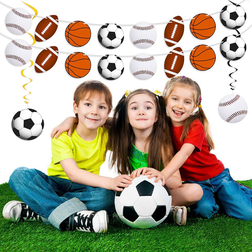 18 Pieces Sports Party Decorations, Sports Themed Birthday Supplies with 2 Banners and 16 Hanging Swirl Paper Garland